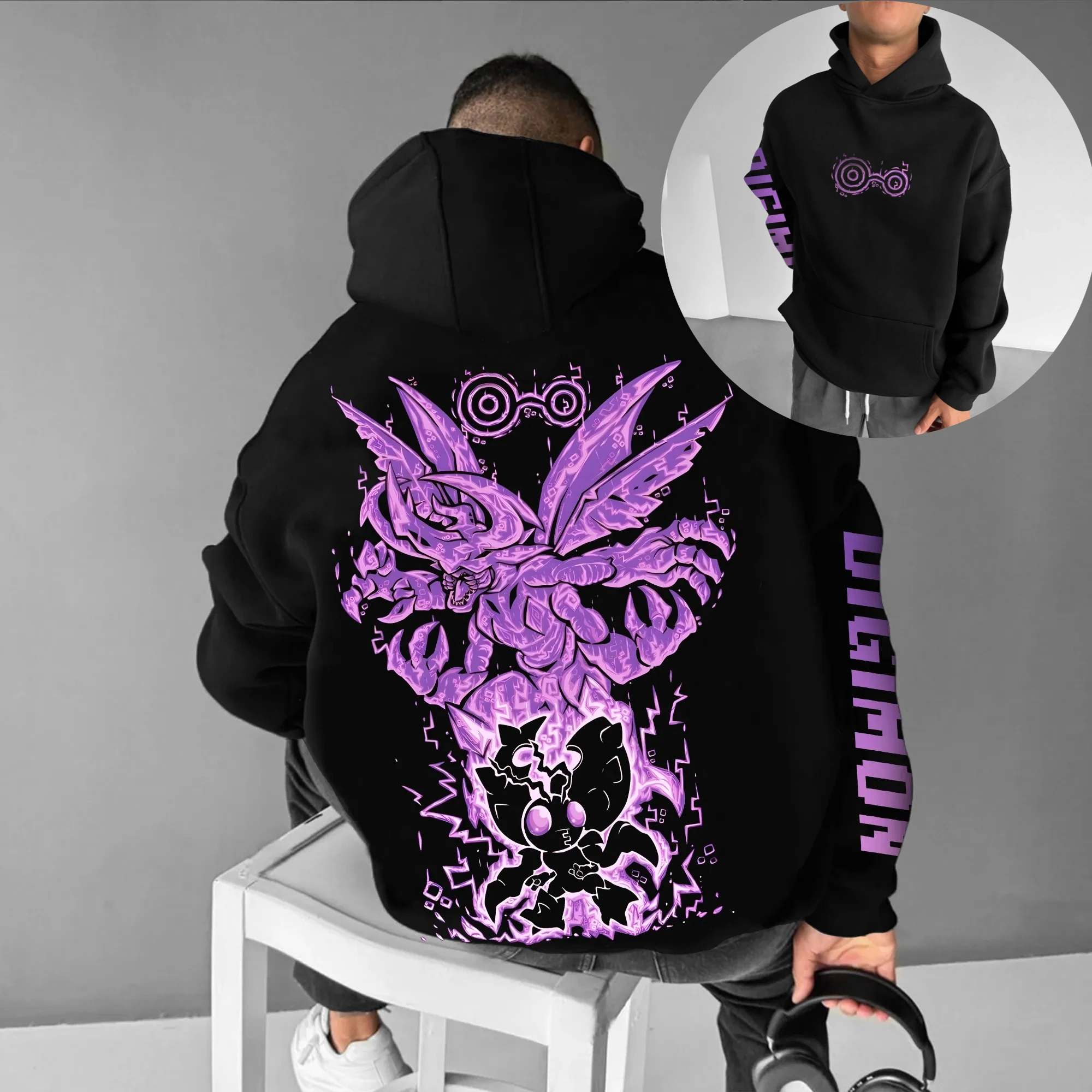Digimon Anime Cotton Hoodie Black Color Character Print with Purple Winged Monster Glowing Effect Pattern and Sleeve Design
Digimon Anime Cotton Hoodie Black Color Character Print with Purple Winged Monster Glowing Effect Pattern and Sleeve Design