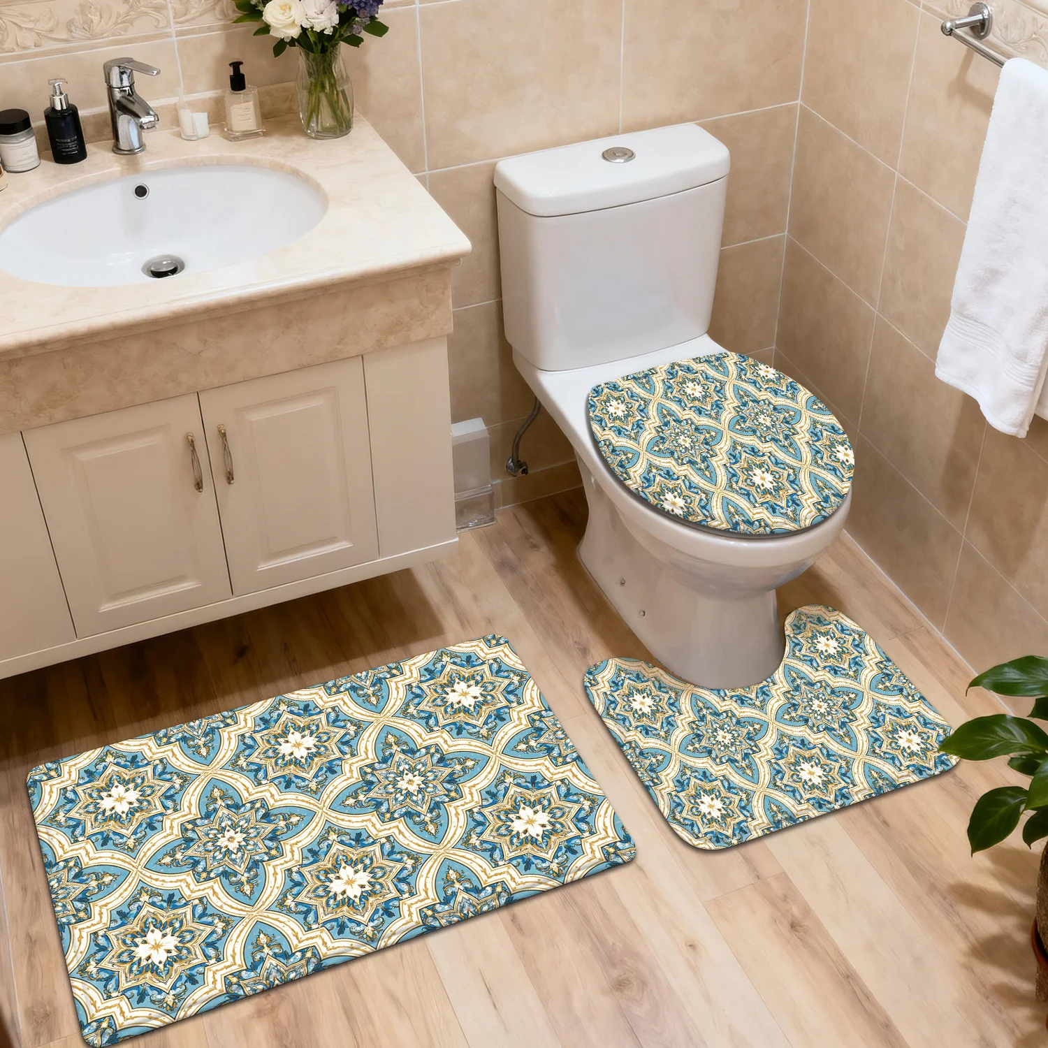 3pcs Bathroom Mats, Featuring a Blue Background with Golden Diamond Patterns, Perfect for Home Decor As Entrance Mats
3pcs Bathroom Mats, Featuring a Blue Background with Golden Diamond Patterns, Perfect for Home Decor As Entrance Mats