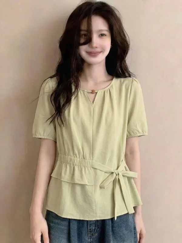 Yellow Short Sleeve Shirt Women's plus Size Belted Waist Cinching Summer New Style City Walk Commute Fashion Korean Version
Yellow Short Sleeve Shirt Women's plus Size Belted Waist Cinching Summer New Style City Walk Commute Fashion Korean Version