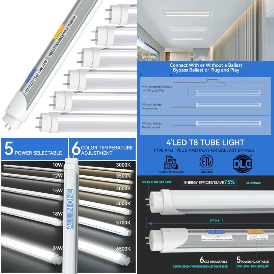 ETL Listed T8 LED Tube Light Bulbs 4 Foot, 5 Power 10W-24W and 6CCT(3000K-6500K) Seletable, Plug and Play or Ballast Bypass, T8
ETL Listed T8 LED Tube Light Bulbs 4 Foot, 5 Power 10W-24W and 6CCT(3000K-6500K) Seletable, Plug and Play or Ballast Bypass, T8