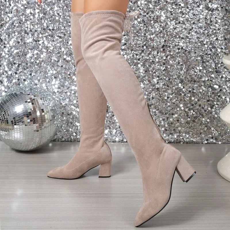 Elegant Women Over The Knee Boots Pointed Toe Block Heel Thigh High Autumn Winter Fashion Suede Like Texture Back Lace Up Bows
Elegant Women Over The Knee Boots Pointed Toe Block Heel Thigh High Autumn Winter Fashion Suede Like Texture Back Lace Up Bows