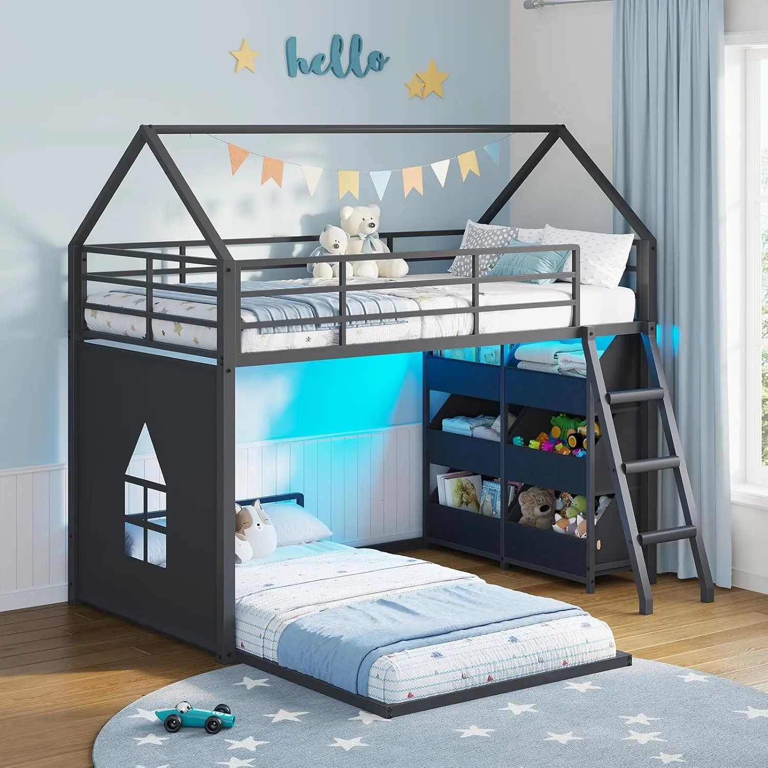 Low Bunk Bed Twin Over Twin with Toy Storage Organizer-6 Removable Bins, Floor Bunk Beds with LED Lights, House, Customized
Low Bunk Bed Twin Over Twin with Toy Storage Organizer-6 Removable Bins, Floor Bunk Beds with LED Lights, House, Customized