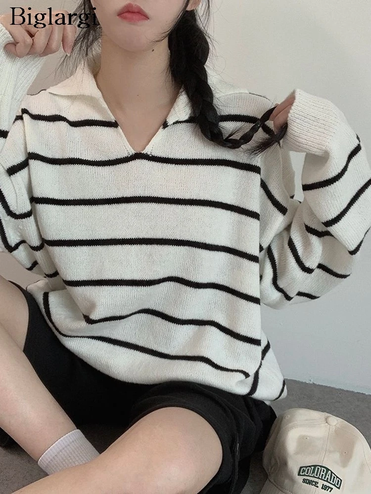 Вязаный осенний пуловер с v-образным вырезом, женский полосатый принт, модные свободные женские свитера в корейском стиле, женский свитер с длинным рукавом
Вязаный осенний пуловер с v-образным вырезом, женский полосатый принт, модные свободные женские свитера в корейском стиле, женский свитер с длинным рукавом