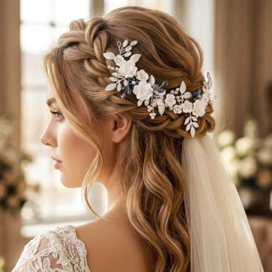 Flower Silver Bride Wedding Hair Vine Pearl Bridal Hair Piece Blue Rhinestone Hair Accessories Leaf Headband for Women and Girl
Flower Silver Bride Wedding Hair Vine Pearl Bridal Hair Piece Blue Rhinestone Hair Accessories Leaf Headband for Women and Girl