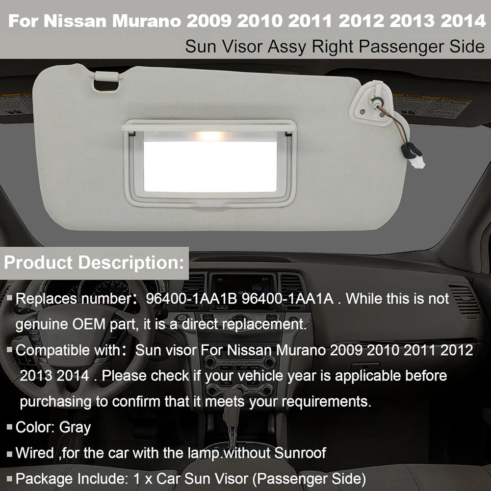 Car Interior Sun Visor Panel with Light 96401-1AA1B/96401-1AA1A Car Sun Visor for Nissan Murano 2009-2014 
Car Interior Sun Visor Panel with Light 96401-1AA1B/96401-1AA1A Car Sun Visor for Nissan Murano 2009-2014