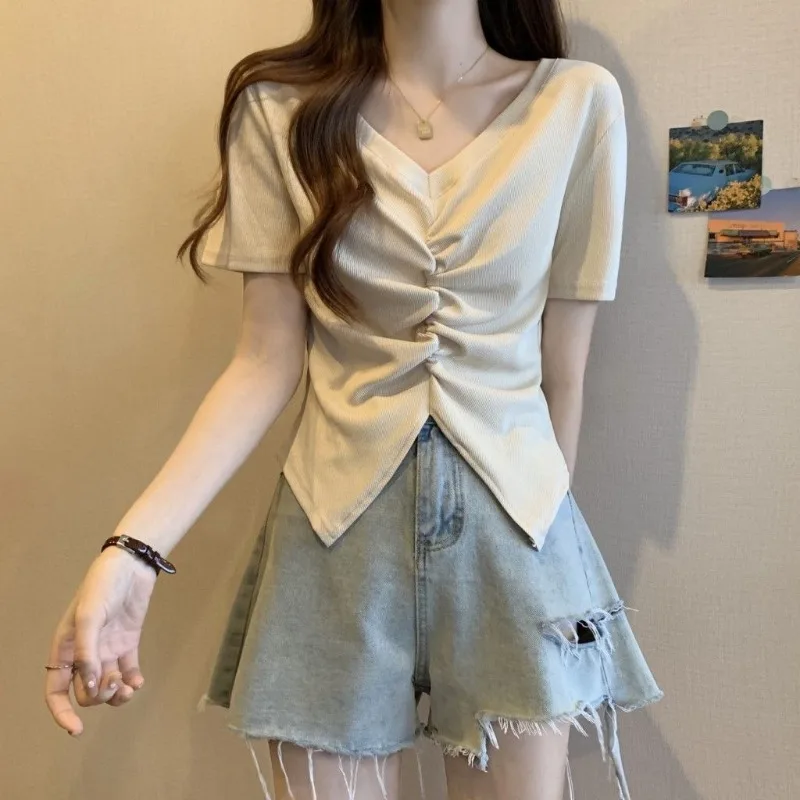 Women Clothes Summer Korean Fashion Drawstring Solid Color V-neck Ladies All-match Fashionable Appear Thin Refreshing Short Slee
Women Clothes Summer Korean Fashion Drawstring Solid Color V-neck Ladies All-match Fashionable Appear Thin Refreshing Short Slee