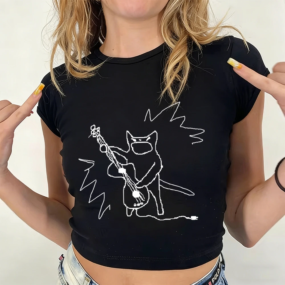 Minimalist Rock Cat Playing Guitar Print Crew Neck T-shirt Y2K Short Sleeve Fun Animal Tee Summer Women's 100% Cotton Crop Tops
Minimalist Rock Cat Playing Guitar Print Crew Neck T-shirt Y2K Short Sleeve Fun Animal Tee Summer Women's 100% Cotton Crop Tops