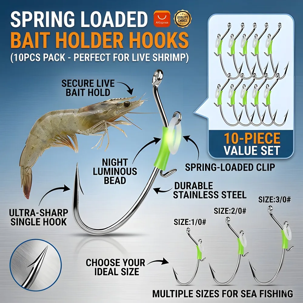 10Pcs Live Shrimp Fishing Hooks Luminous Spring Loaded Stainless Steel Saltwater Bait Holder Sharp Single Hook For Sea Fishing
10Pcs Live Shrimp Fishing Hooks Luminous Spring Loaded Stainless Steel Saltwater Bait Holder Sharp Single Hook For Sea Fishing