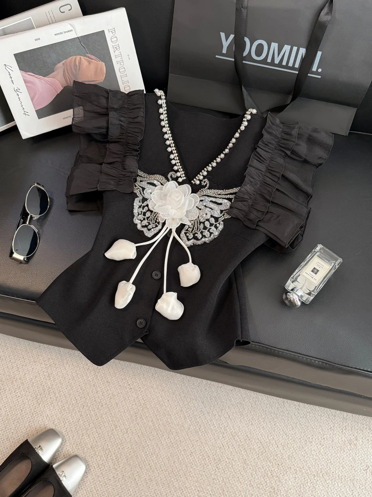 New Black V-neck Nail Bead Mesh Flower Vest Women's Exquisite Design Beautiful Top
New Black V-neck Nail Bead Mesh Flower Vest Women's Exquisite Design Beautiful Top