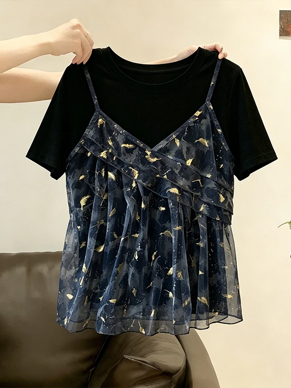 Summer plus Size T-Shirt Women's Design Sense Fake Two-Piece Strap Top Belly Cover Slimming Versatile Casual round Neck Short...
Summer plus Size T-Shirt Women's Design Sense Fake Two-Piece Strap Top Belly Cover Slimming Versatile Casual round Neck Short...