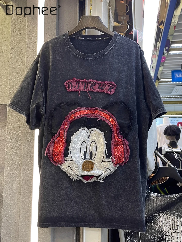 Retro Short-sleeved T-shirt Women Round Neck Short-sleeved Spring and Summer New Loose Fashion Cartoon Sequined Versatile Top
Retro Short-sleeved T-shirt Women Round Neck Short-sleeved Spring and Summer New Loose Fashion Cartoon Sequined Versatile Top