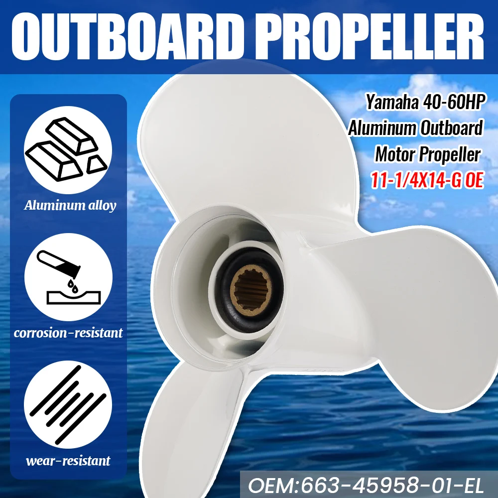 11-1/4 x 14 Aluminum Outboard Propeller for Yamaha 40-60HP | OEM 663-45958-01-EL | Marine Replacement Prop Accessories
11-1/4 x 14 Aluminum Outboard Propeller for Yamaha 40-60HP | OEM 663-45958-01-EL | Marine Replacement Prop Accessories