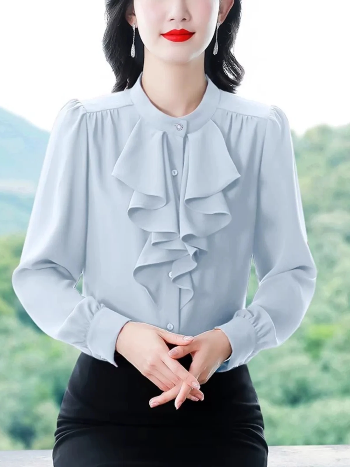 Elegant Stand Collar Long Sleeve Women's Shirt Spring New Style Lace Trim Commute Style Pure Color Polyester Fiber 100%
Elegant Stand Collar Long Sleeve Women's Shirt Spring New Style Lace Trim Commute Style Pure Color Polyester Fiber 100%