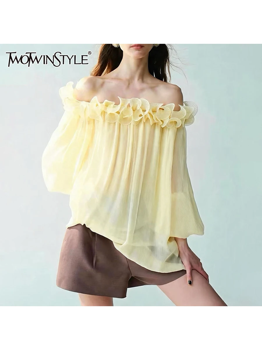 TWOTWINSTYLE Solid Spliced Pleated Loose Blouse for Women Off Shoulder Bubble Sleeve Patchwork Mesh Tops Female Fashion Style
TWOTWINSTYLE Solid Spliced Pleated Loose Blouse for Women Off Shoulder Bubble Sleeve Patchwork Mesh Tops Female Fashion Style