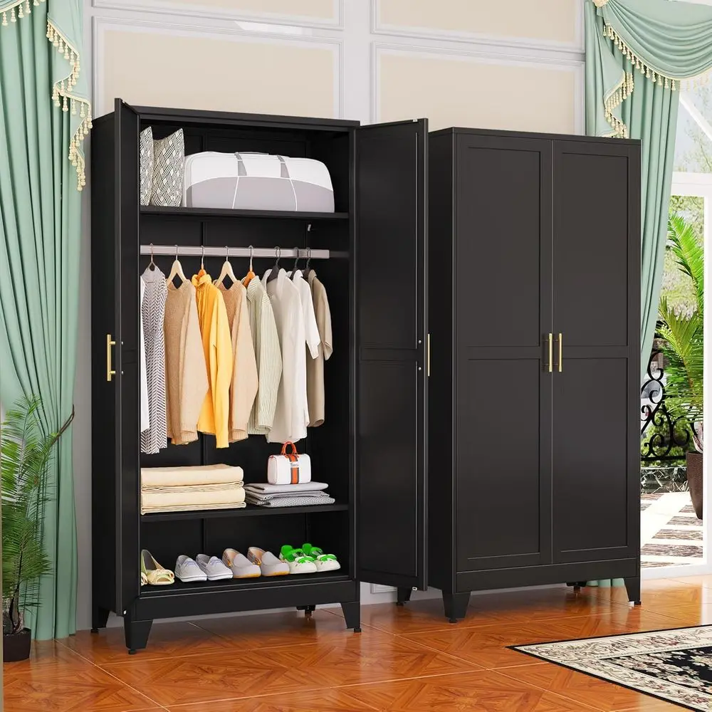 71 Tall Black Metal Wardrobe with Hanging Rod, 2 Doors & Adjustable Shelves for Bedroom, Laundry, or Cloakroom
71 Tall Black Metal Wardrobe with Hanging Rod, 2 Doors & Adjustable Shelves for Bedroom, Laundry, or Cloakroom