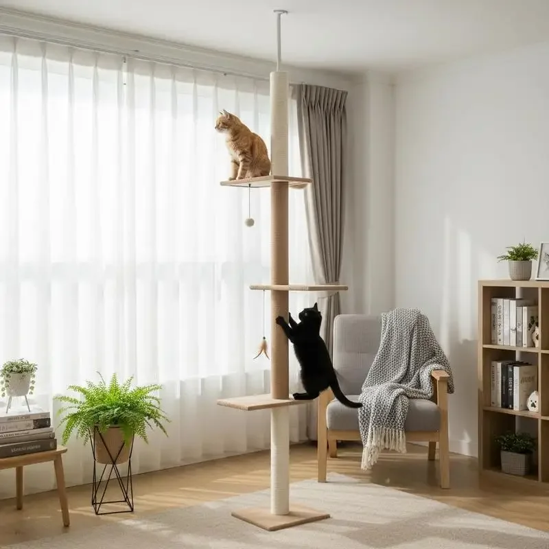 A Towering Cat Tree, Height Adjustable, 228-260 Cm, Three-tiered Cat Tree with Scratching Posts, A Cat Play Tree Extending From The Ground To The Ceiling, Khaki Color.
A Towering Cat Tree, Height Adjustable, 228-260 Cm, Three-tiered Cat Tree with Scratching Posts, A Cat Play Tree Extending From The Ground To The Ceiling, Khaki Color.