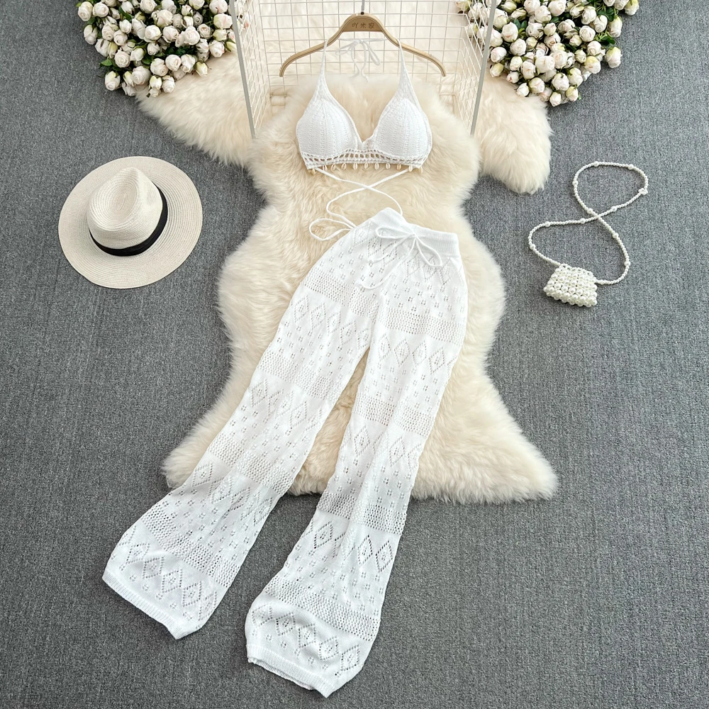 Female Beach Vacation Boho Bohemian Outfit Halter Top Knit Crochet Ethnic Wild Set Drawstring Pant Tassel Padded Camis Wild Suit
Female Beach Vacation Boho Bohemian Outfit Halter Top Knit Crochet Ethnic Wild Set Drawstring Pant Tassel Padded Camis Wild Suit