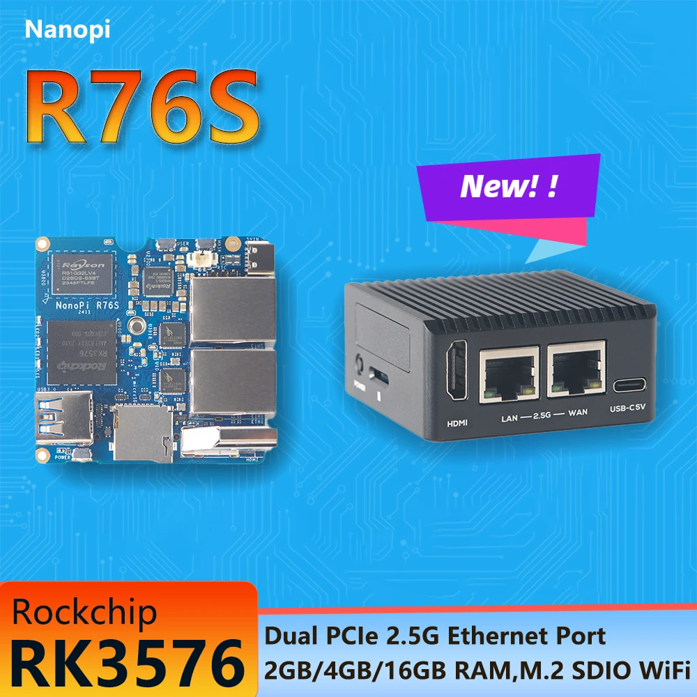 New Nano Pi R76S RK3576 Development board LPDDR5 Dual 2.5G Network port HDMI AI Deployment Board
New Nano Pi R76S RK3576 Development board LPDDR5 Dual 2.5G Network port HDMI AI Deployment Board