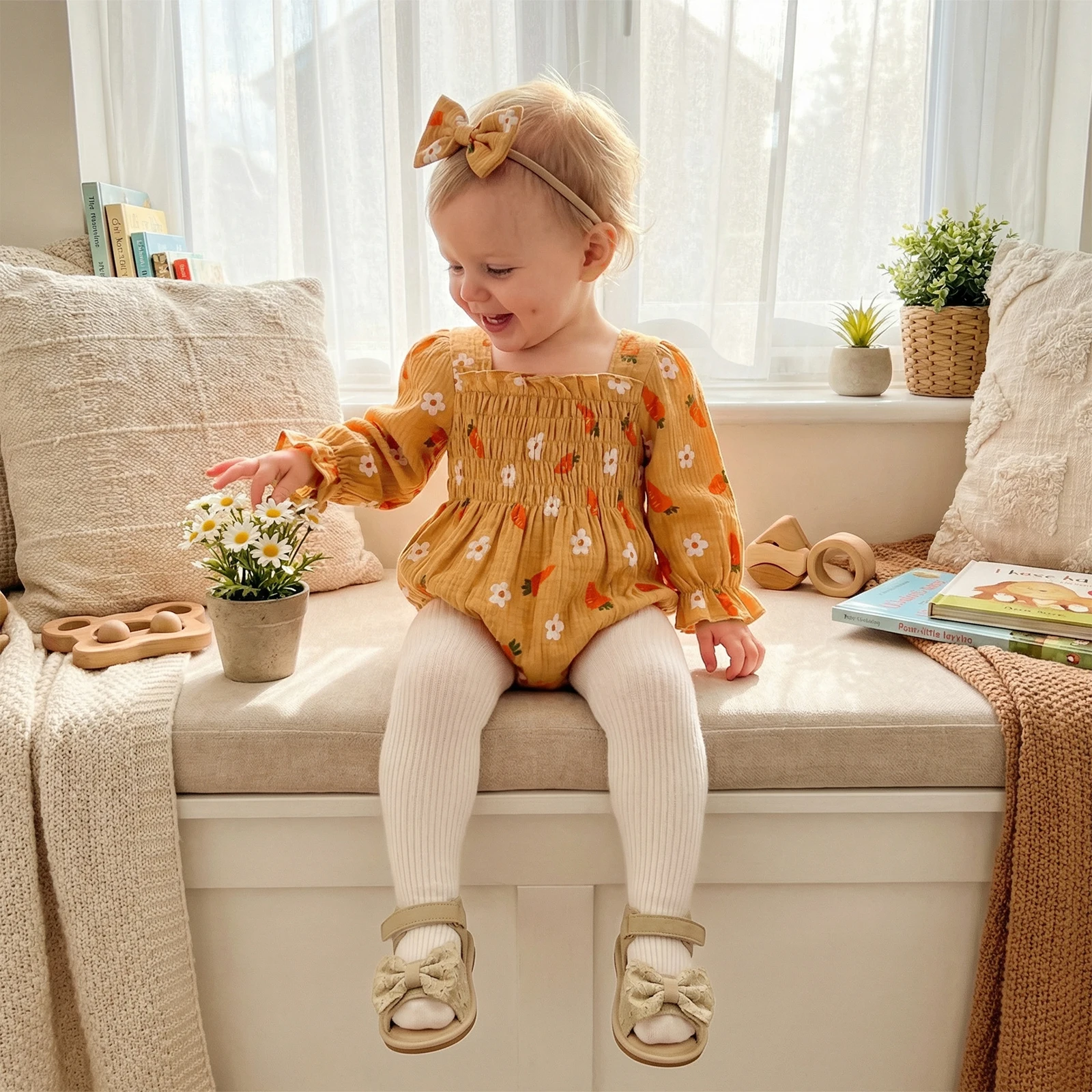 0-18M Newborn Baby Girls Spring Romper Floral Print Square Neck Long Sleeve Smocked Bust Infant Jumpsuit with Bow Headband
0-18M Newborn Baby Girls Spring Romper Floral Print Square Neck Long Sleeve Smocked Bust Infant Jumpsuit with Bow Headband