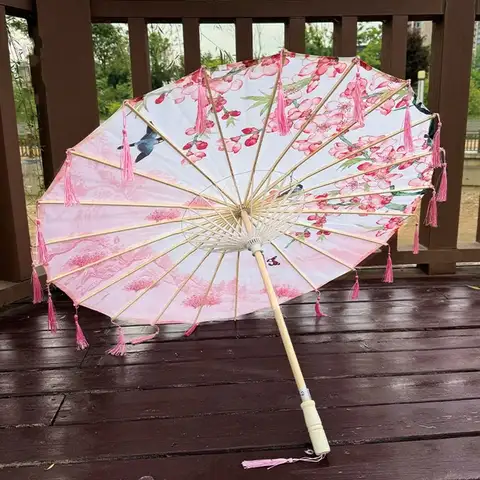 70cm Silk Fabric Tassel Umbrella Handheld Chinese Style Ancient Dance Umbrella Decorative Windproof Classical Oil Paper Umbrella