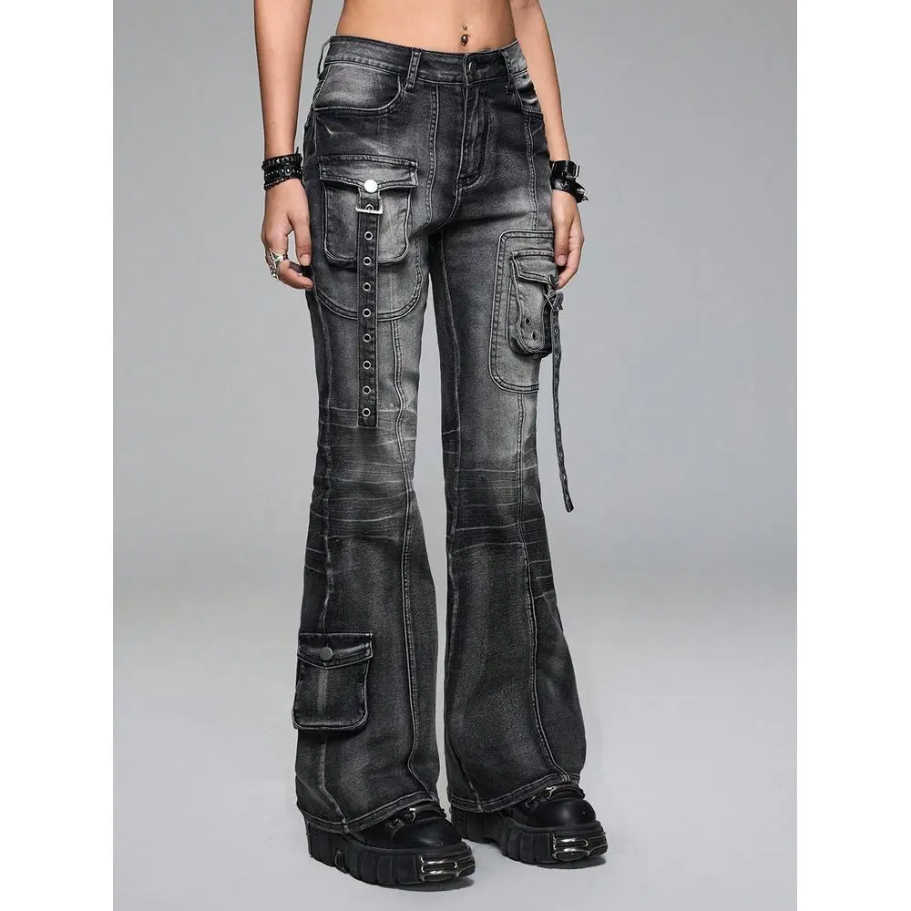 Grunge Punk Spring Summer Black Distressed Punk Metal Rivet Super Low Waist Flare Jeans
Grunge Punk Spring Summer Black Distressed Punk Metal Rivet Super Low Waist Flare Jeans