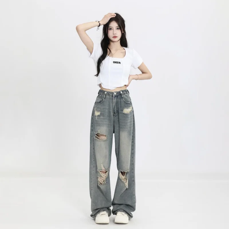 American Retro Ripped Jeans for Women High Waist Straight Loose Slimming Design High Street Vibe Wide Leg Floor-Length Pants
American Retro Ripped Jeans for Women High Waist Straight Loose Slimming Design High Street Vibe Wide Leg Floor-Length Pants