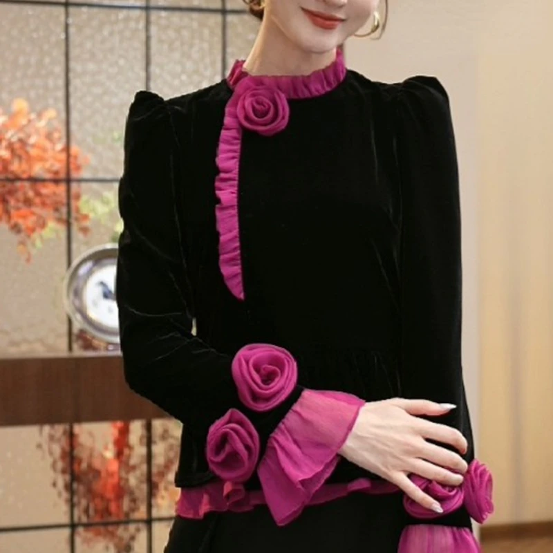 Spring Fall French Style Women Ruffled Patchwork Black Velvet Top Shirt , Woman High Waist Flare Full Sleeve Velour Tops Shirts
Spring Fall French Style Women Ruffled Patchwork Black Velvet Top Shirt , Woman High Waist Flare Full Sleeve Velour Tops Shirts