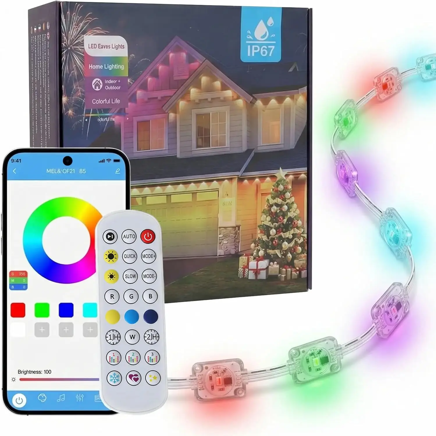 Permanent Outdoor Eaves Lights, 100ft, IP67, RGB+IC, App & Remote Control, for Holiday & Daily Decor
Permanent Outdoor Eaves Lights, 100ft, IP67, RGB+IC, App & Remote Control, for Holiday & Daily Decor
