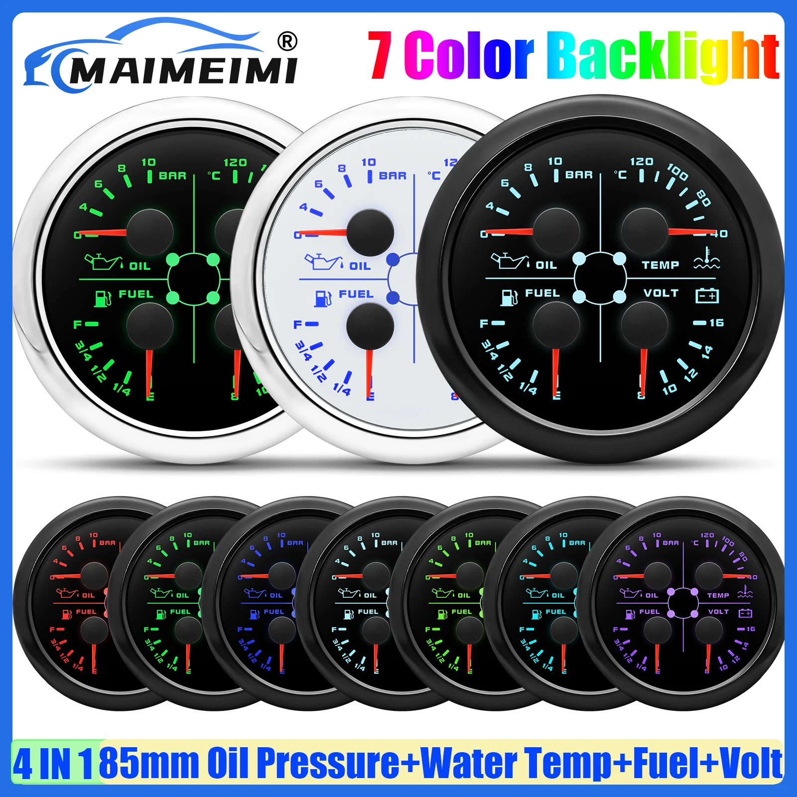 Auto Car 4 in 1 Multifunction 85mm Gauge with Alarm 7 Color Light Oil Pressure Gauge Water Temp/Volt/ Fuel Level Meter 0-190ohm
Auto Car 4 in 1 Multifunction 85mm Gauge with Alarm 7 Color Light Oil Pressure Gauge Water Temp/Volt/ Fuel Level Meter 0-190ohm