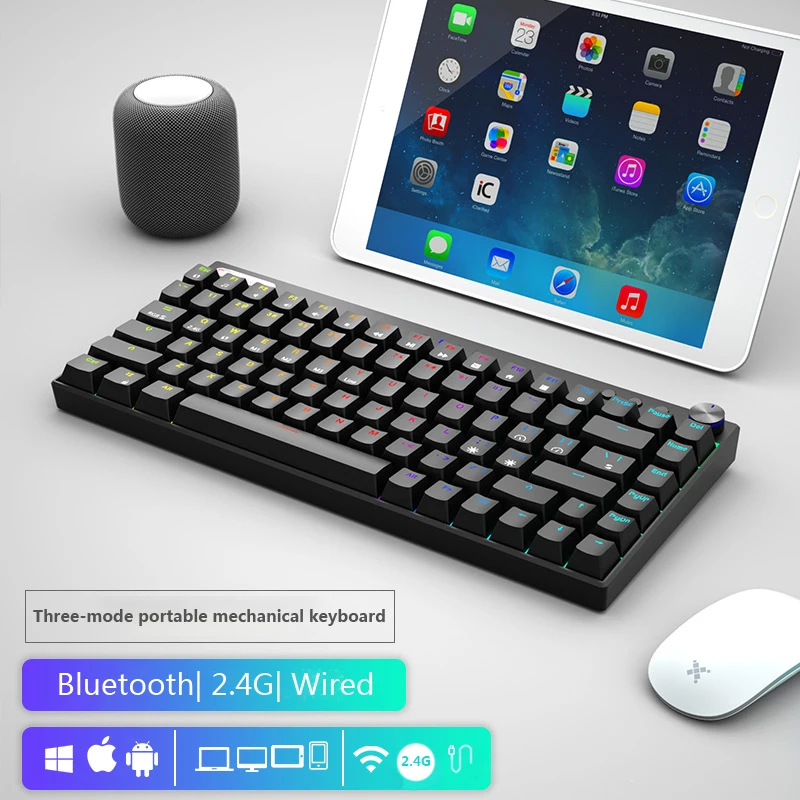 Механическая клавиатура RGB с bluetooth, трехрежимная игровая Беспроводная механическая клавиатура с зеленой осью
Механическая клавиатура RGB с bluetooth, трехрежимная игровая Беспроводная механическая клавиатура с зеленой осью