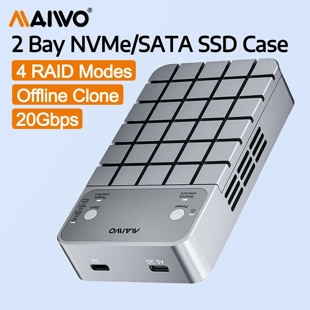 Корпус MAIWO Dual Bay RAID для SSD M.2 NVMe SATA, 20 Гбит/с, алюминиевый, с функцией клонирования RAID 0/1, USB-C 3.2 GEN2x2, адаптер для клонирования M2 SSD
Корпус MAIWO Dual Bay RAID для SSD M.2 NVMe SATA, 20 Гбит/с, алюминиевый, с функцией клонирования RAID 0/1, USB-C 3.2 GEN2x2, адаптер для клонирования M2 SSD