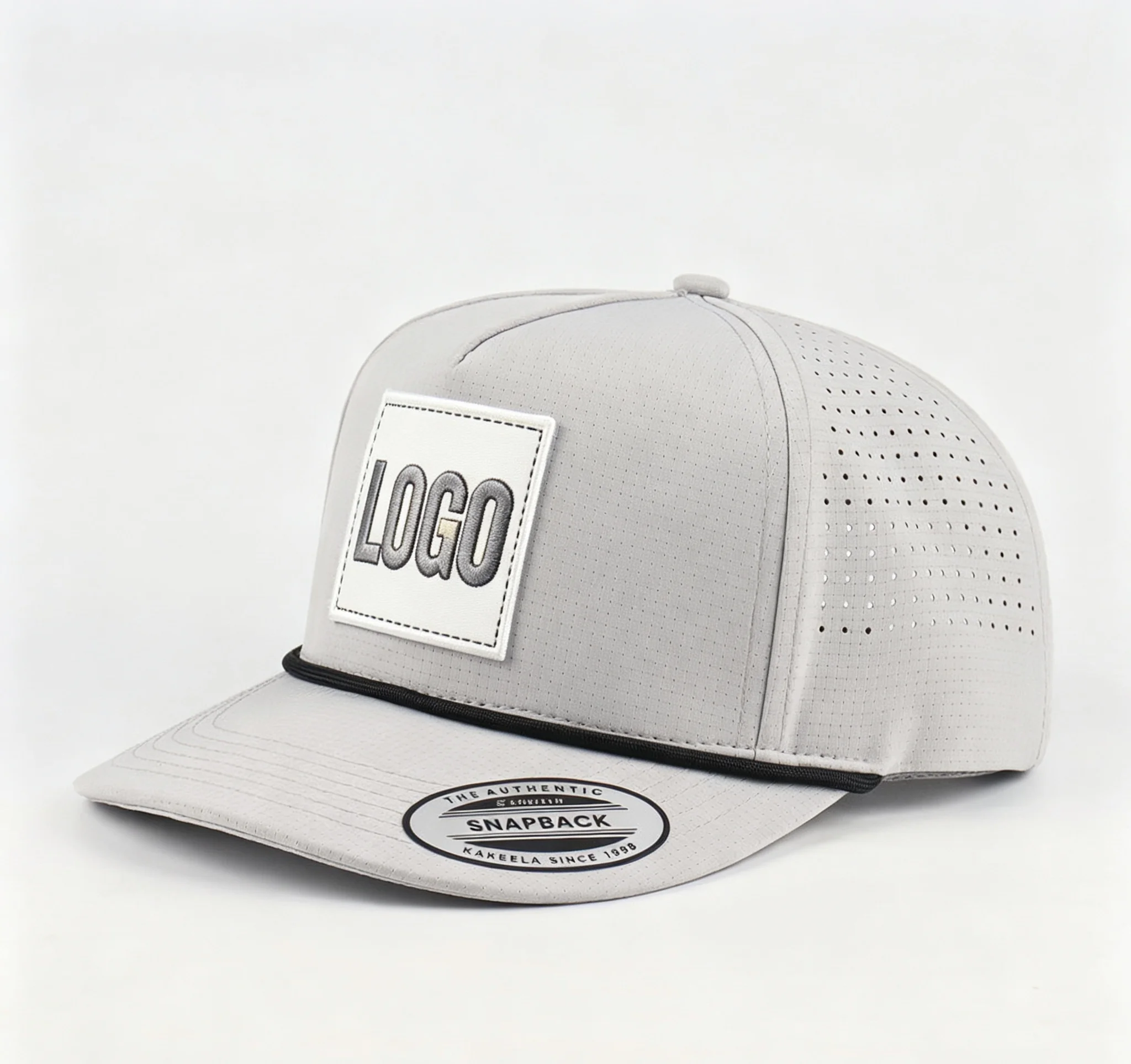 Men's Grey Waterproof Sports Cap with Laser-Cut Holes Custom Printed Rubber Patch Logo Polyester Rope Performance Cap
Men's Grey Waterproof Sports Cap with Laser-Cut Holes Custom Printed Rubber Patch Logo Polyester Rope Performance Cap
