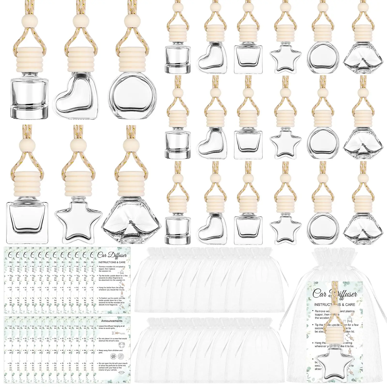 48 Pack Empty Glass Car Diffuser Bottles With Wooden Cap And Rope, Star Heart Square Round Shapes, Includes Instructions And
48 Pack Empty Glass Car Diffuser Bottles With Wooden Cap And Rope, Star Heart Square Round Shapes, Includes Instructions And