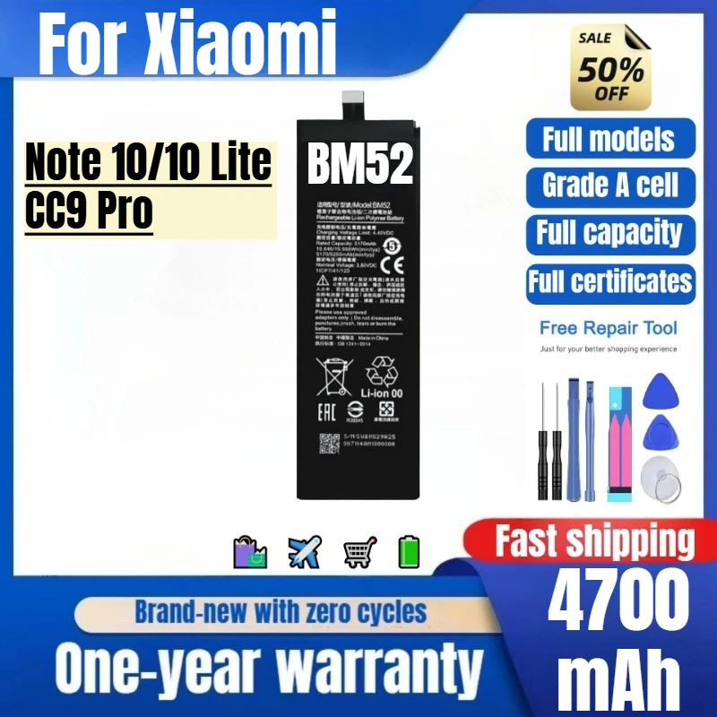 BM52 for Xiaomi Note 10/10 Lite/CC9 Pro Phone Battery 0 Cycle High Quality Capacity Replacement Bateria Grade A Cell with Tools
BM52 for Xiaomi Note 10/10 Lite/CC9 Pro Phone Battery 0 Cycle High Quality Capacity Replacement Bateria Grade A Cell with Tools