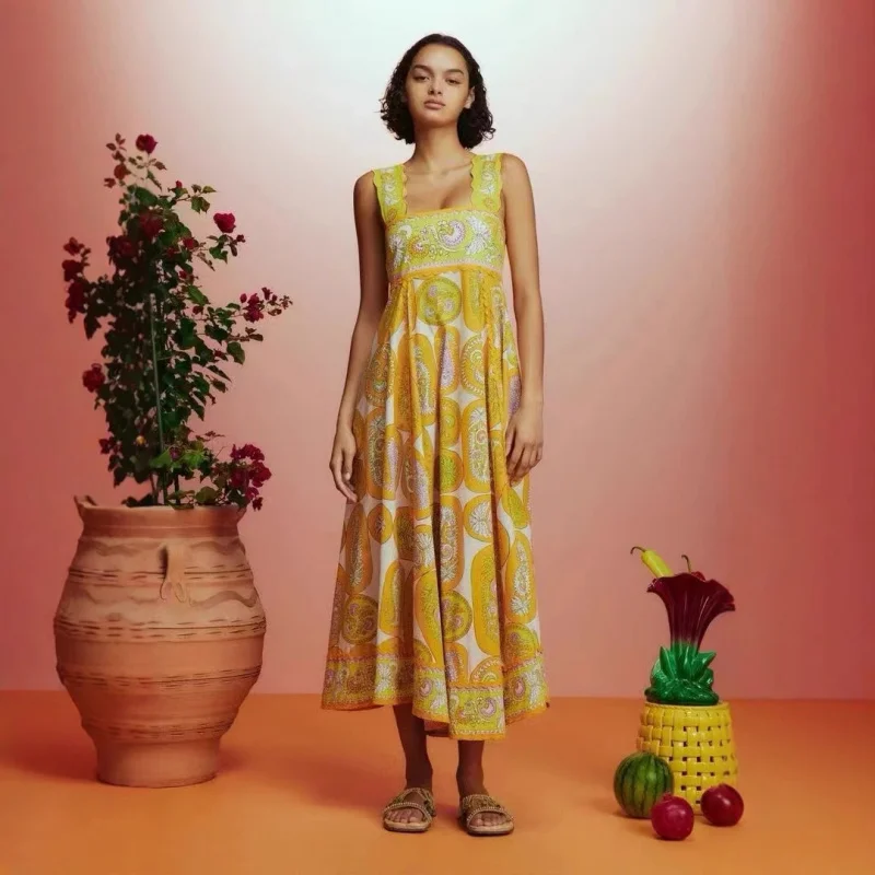 Strap Dress 2025 Summer Australia Vacation Style Wave Retro Yellow Cashew Print Large Swing Dress Women
Strap Dress 2025 Summer Australia Vacation Style Wave Retro Yellow Cashew Print Large Swing Dress Women