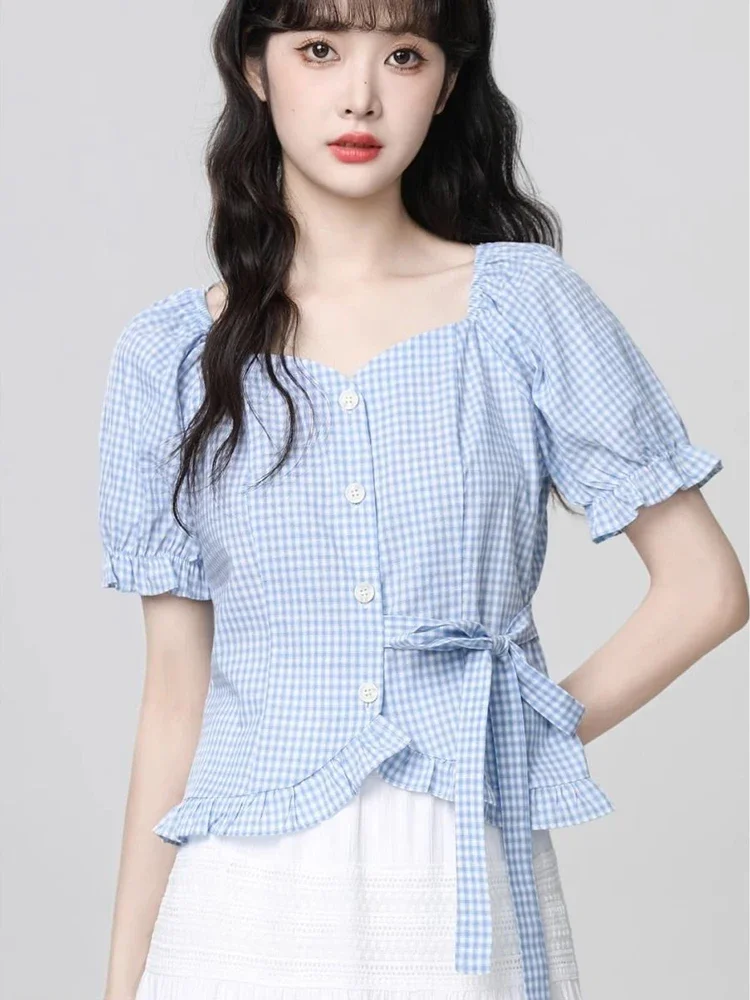 Cute Blue Plaid Blouse Women Sweet Vintage Slim Square Collar Shirt Casual Preppy Style Female Korean Retro Summer Tops
Cute Blue Plaid Blouse Women Sweet Vintage Slim Square Collar Shirt Casual Preppy Style Female Korean Retro Summer Tops