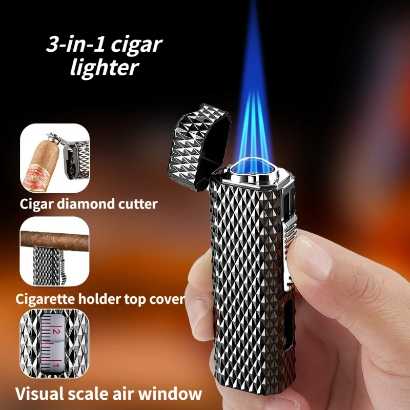 Hot selling Cigar Specific Lighter Diamond Knife Cigarette Holder Windproof Three Fire Blue Flame Visible Window Gas Lighter
Hot selling Cigar Specific Lighter Diamond Knife Cigarette Holder Windproof Three Fire Blue Flame Visible Window Gas Lighter