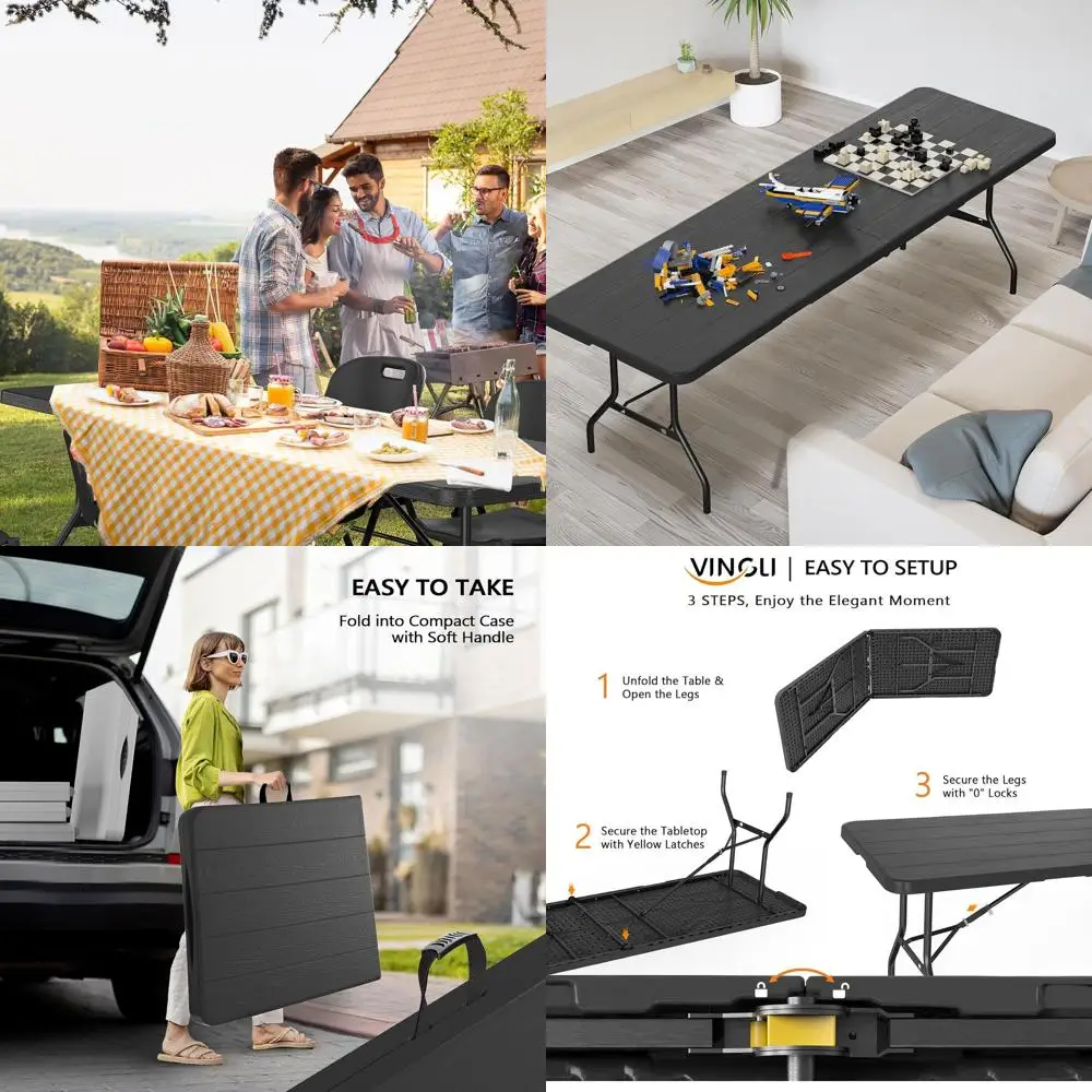 Портативный складной пластиковый стол прямоугольной формы длиной 8 футов с ручкой для переноски, для использования в помещении и на улице, черный
Портативный складной пластиковый стол прямоугольной формы длиной 8 футов с ручкой для переноски, для использования в помещении и на улице, черный