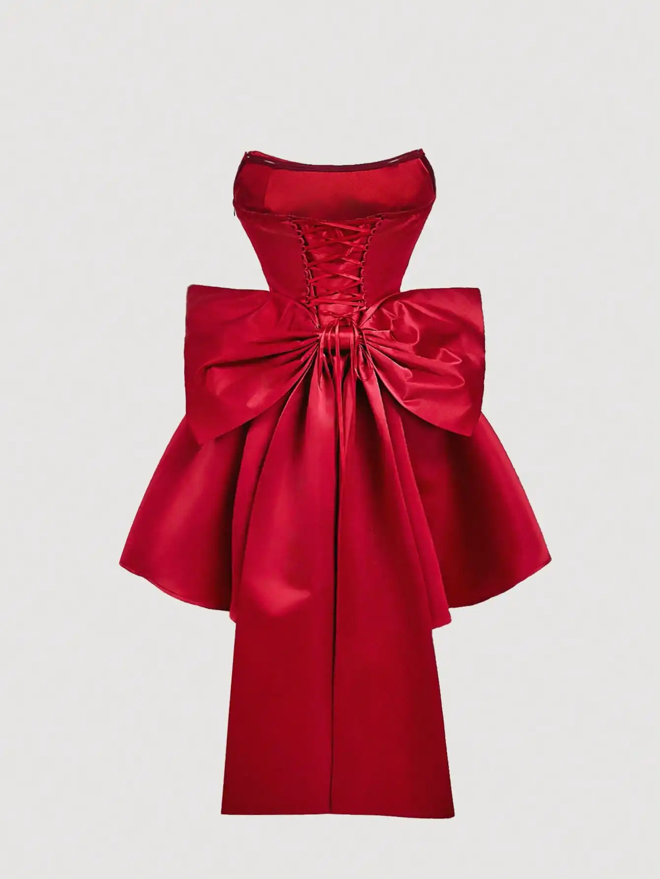 Red Satin Corset-Style Bandeau Dress with Oversized Bow and Lace-Up Back
Red Satin Corset-Style Bandeau Dress with Oversized Bow and Lace-Up Back