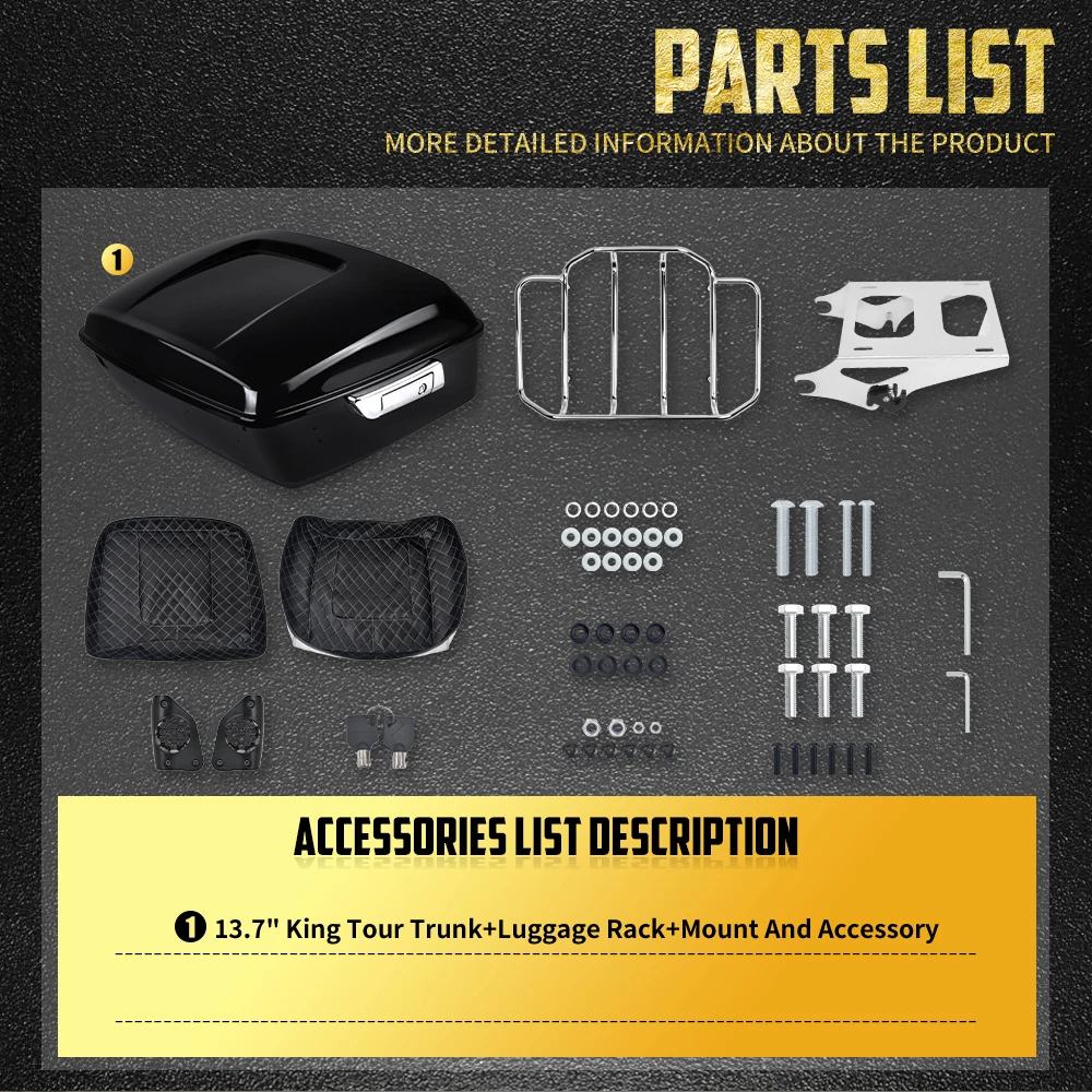 Motorcycle 13.7" King Tour Trunk Rear Top Bag Tail Box+Luggage Rack+Mount Liner For Harley Touring Street Electra Glide 2014-25
Motorcycle 13.7" King Tour Trunk Rear Top Bag Tail Box+Luggage Rack+Mount Liner For Harley Touring Street Electra Glide 2014-25