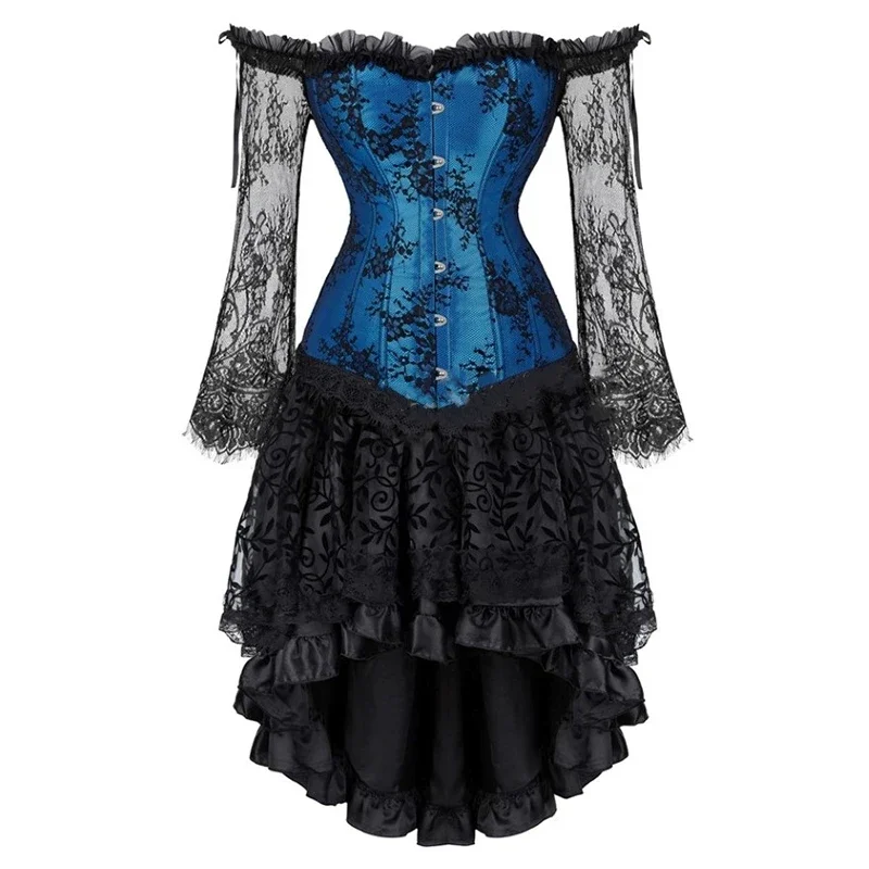 Gothic Floral Corset Dress Long Sleeves Off Shoulder Bustier Corsets Top And Lace Skirt Set Waist Bustiers Dresses Set
Gothic Floral Corset Dress Long Sleeves Off Shoulder Bustier Corsets Top And Lace Skirt Set Waist Bustiers Dresses Set