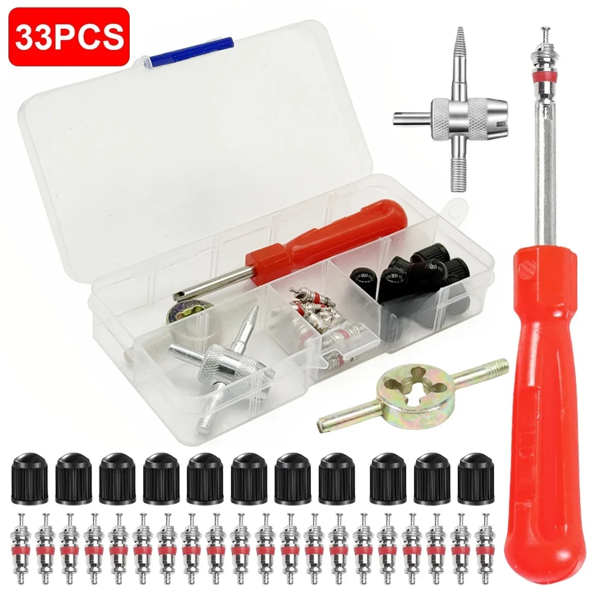 33PCS Universal Tire Valve Core Remover Screwdriver Tool Kit with Storage Box for Car Bicycle Motorcycle Auto Accessories
33PCS Universal Tire Valve Core Remover Screwdriver Tool Kit with Storage Box for Car Bicycle Motorcycle Auto Accessories