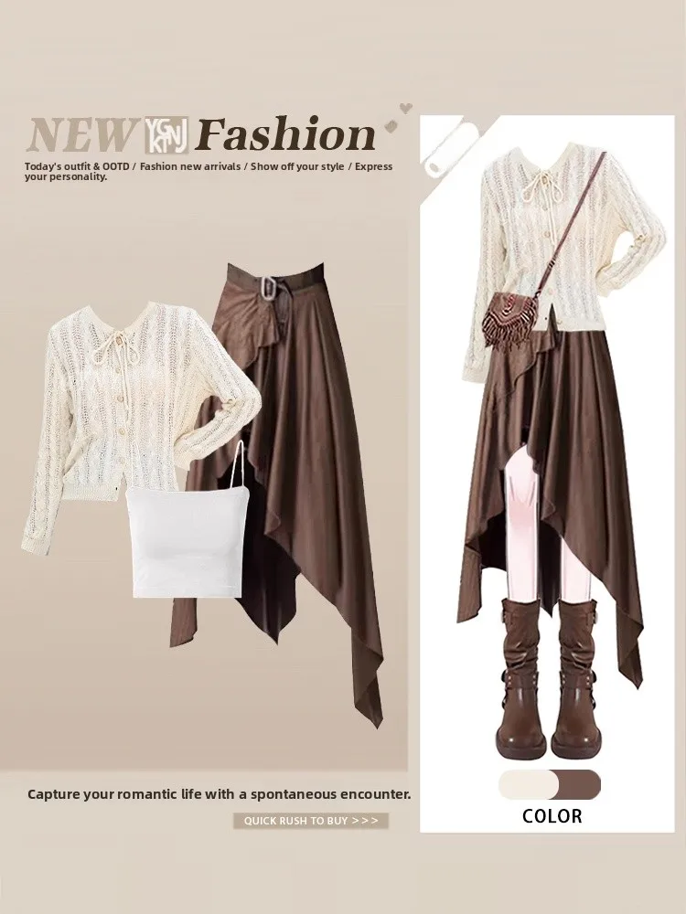 Retro Elegant Long Sleeve Knitted Sweater with Strap Vest And Asymmetrical Skirt Fashion Set for Women Autumn Casual Wear
Retro Elegant Long Sleeve Knitted Sweater with Strap Vest And Asymmetrical Skirt Fashion Set for Women Autumn Casual Wear