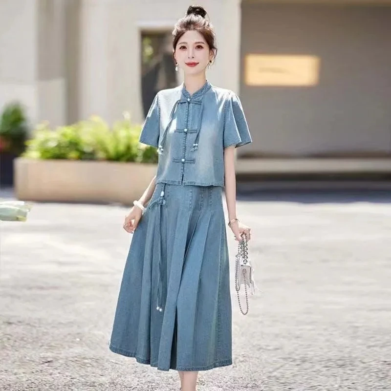 Summer New Women's Retro Chinese Sle Denim ort Sve irt f Skirt Two-Piece Set Thin Cotton Polyester Blend Midi Skirt
Summer New Women's Retro Chinese Sle Denim ort Sve irt f Skirt Two-Piece Set Thin Cotton Polyester Blend Midi Skirt