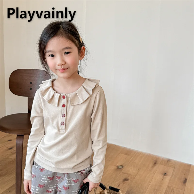 Топ с длинными рукавами для девочек в корейском стиле, весна-осень, синий хаки, воротник с рюшами и пуговицами, модная милая футболка, детская одежда A5087 
Топ с длинными рукавами для девочек в корейском стиле, весна-осень, синий хаки, воротник с рюшами и пуговицами, модная милая футболка, детская одежда A5087