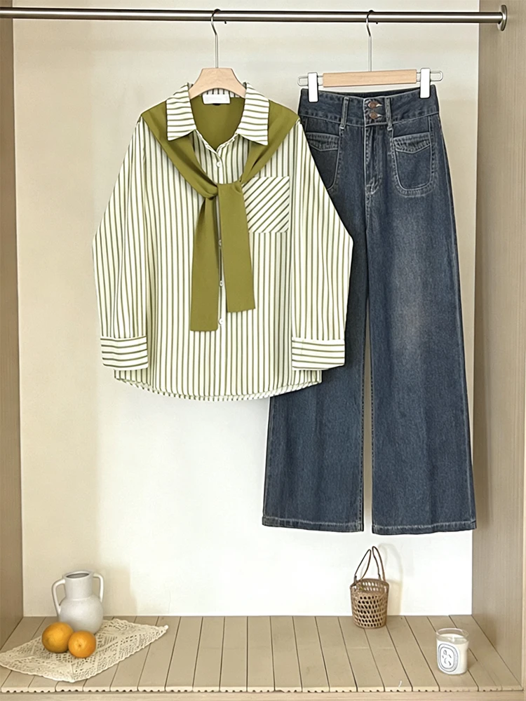 Large Size Striped Shawl Collar Fake Two-Piece Denim Spring Vintage Hong Kong Style Slimming Commute Women's Fashion Set
Large Size Striped Shawl Collar Fake Two-Piece Denim Spring Vintage Hong Kong Style Slimming Commute Women's Fashion Set