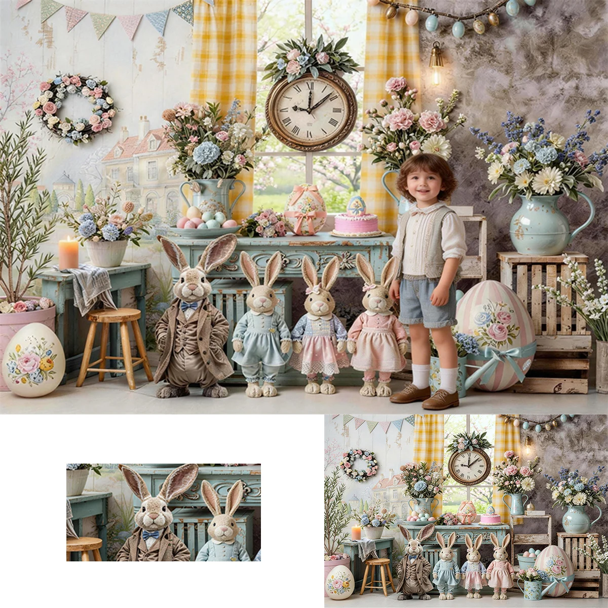 Easter Charming Spring Scene With Dressed Up Bunny Figurines Floral Arrangements Vintage Clock Pastel Background
Easter Charming Spring Scene With Dressed Up Bunny Figurines Floral Arrangements Vintage Clock Pastel Background