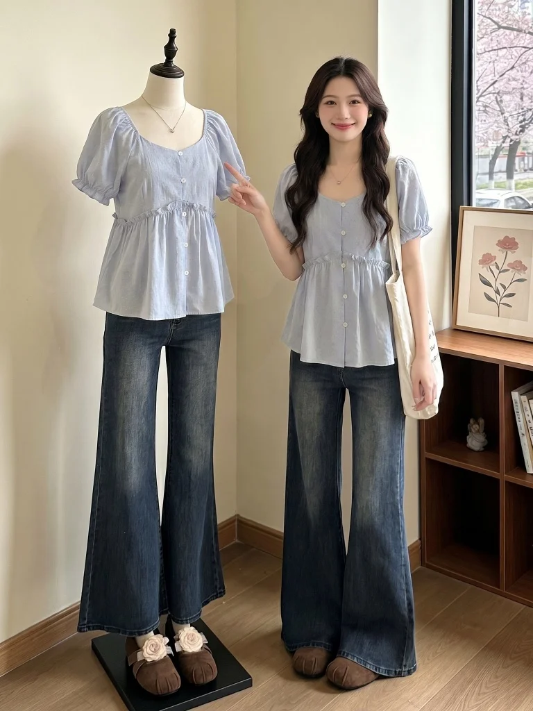 Light Blue Polka Dot Women's Shirt Square Collar Flared Sleeves Doll Top Summer New Style plus Size Ageless Korean Fashion
Light Blue Polka Dot Women's Shirt Square Collar Flared Sleeves Doll Top Summer New Style plus Size Ageless Korean Fashion