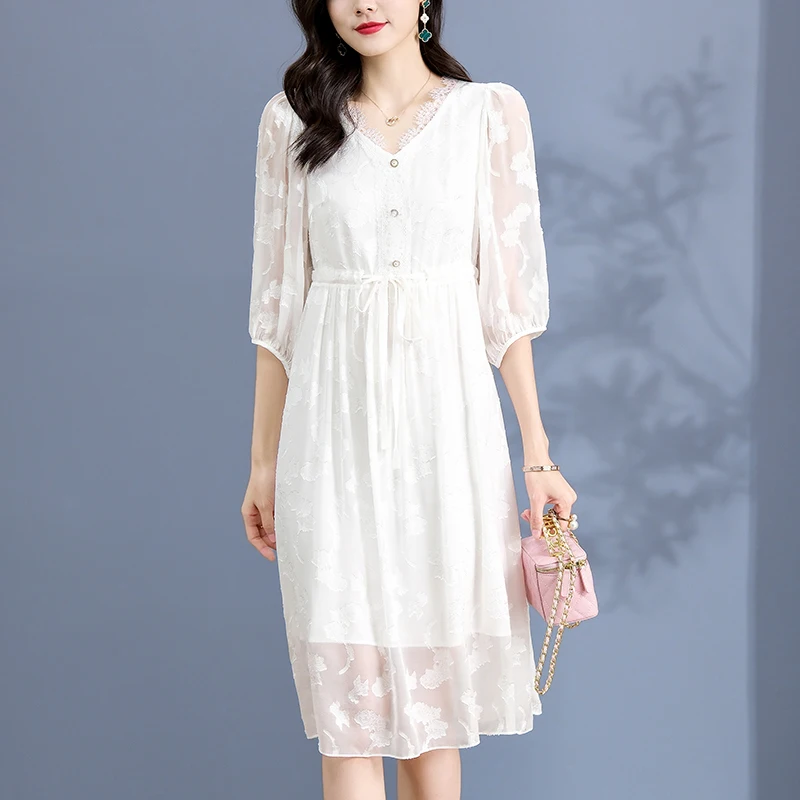2024 Summer Vintage Women's White Dress V-neck Elegant Fashion Dresses For Women A-line 100% Real Silk Woman Long Midi Dress
2024 Summer Vintage Women's White Dress V-neck Elegant Fashion Dresses For Women A-line 100% Real Silk Woman Long Midi Dress