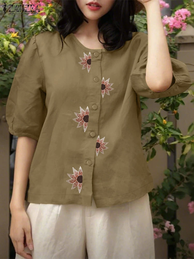 Vintage Shirts Women Spring Printed Blusas Fashion Half Sleeve Tops Casual Loose O Neck Buttons Tunic 2025 ZANZEA S-3XL 
Vintage Shirts Women Spring Printed Blusas Fashion Half Sleeve Tops Casual Loose O Neck Buttons Tunic 2025 ZANZEA S-3XL